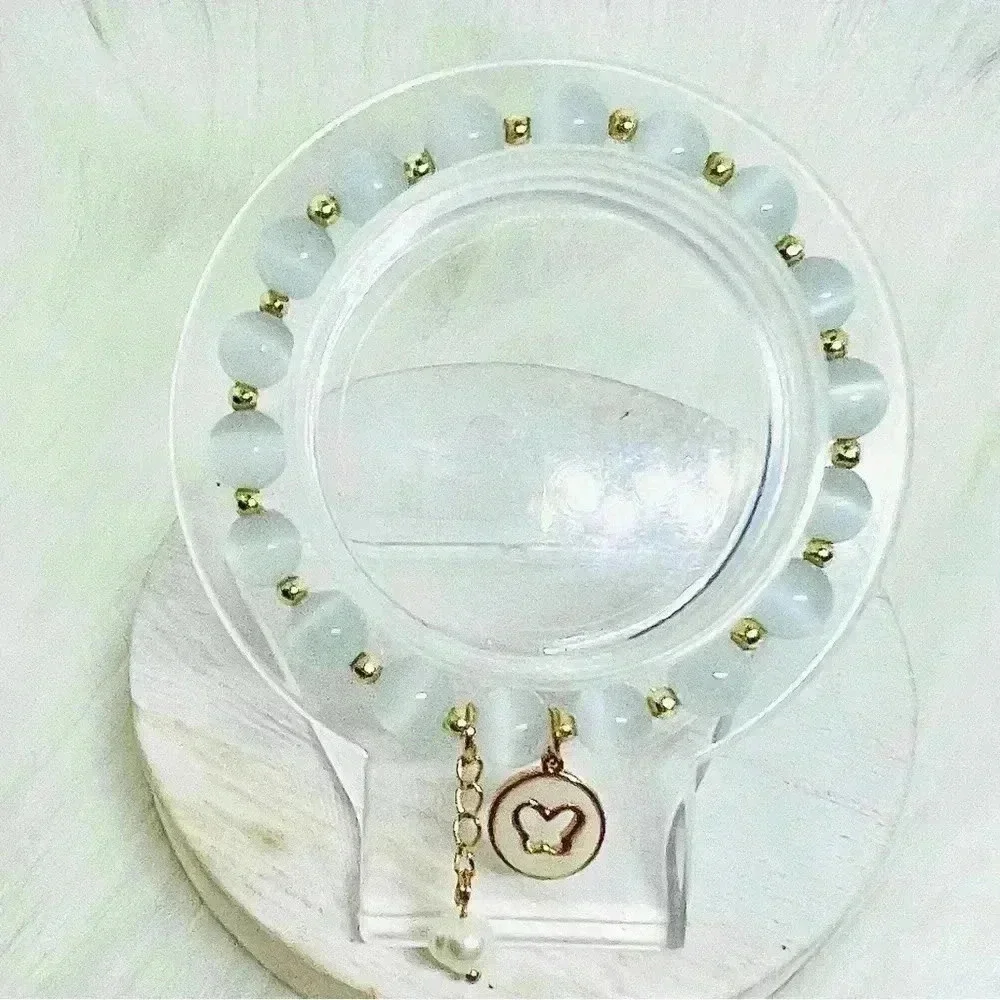 Butterfly Charm Moonstone Beaded Bracelet